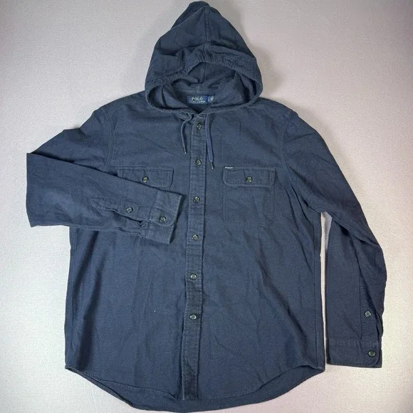 Polo Ralph Lauren Hoodie Men's L Navy Full Button Sweatshirt W/ Chest Pockets - Picture 2 of 6